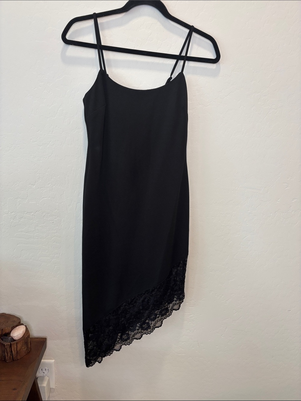 Women's Black Asymmetrical Slip Dress with Lace Hem